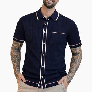 Large Men's Short Sleeve Full Placket RIVIERA Knit Polo Shirt Piped MOD 60s Blue